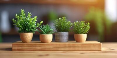 ai gegenereerd de klein houten planten zijn Aan een houten plank foto