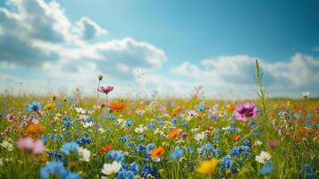 ai gegenereerd levendig wilde bloemen weide in zomer bloeien foto