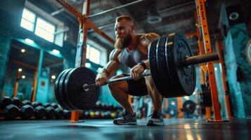 ai gegenereerd intens gewichtheffen sessie met zwaar barbell foto