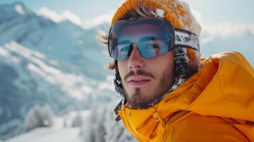 ai gegenereerd portret van een mooi jong Mens skiën in de achtergrond van alpine klonen foto