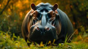 ai gegenereerd imposant nijlpaard staren temidden van herfst bladeren foto