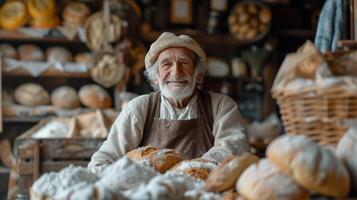 ai gegenereerd een oud bakker bakt brood in zijn klein knus Italiaans stijl bakkerij. foto