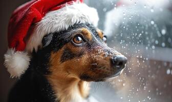 ai gegenereerd hond vervelend een de kerstman hoed foto