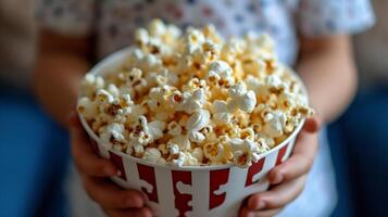 ai gegenereerd de jongen at een emmer van popcorn en het was gescheurd in klein stukken foto