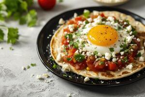 ai gegenereerd Mexicaans huevos rancheros ei tostada, door elkaar gegooid eieren, Salsa, taco, tortilla's, groenten, peterselie foto