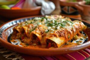 ai gegenereerd Mexicaans kip enmolada's de encacahuatado, of mol poblano enchilada's, mol neger, pipiaan foto