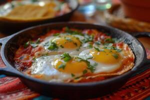 ai gegenereerd Mexicaans huevos rancheros ei tostada, door elkaar gegooid eieren, Salsa, taco, tortilla's, groenten, peterselie foto