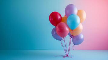 ai gegenereerd een minimalistische partij tafereel markeren een kader en drijvend ballonnen in een regenboog van kleuren foto