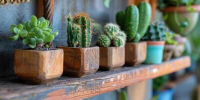 ai gegenereerd houten houten potten met cactussen hangende Aan houten richel foto