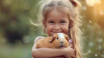 ai gegenereerd weinig meisje Holding een schattig Guinea varken in haar armen foto