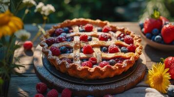 ai gegenereerd vers BES taart Aan een houten tafel in een breed zomer tuin foto