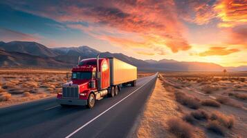 ai gegenereerd een groot rood eenzaam vrachtauto schijven langs de weg door de eindeloos Amerikaans woestijn foto