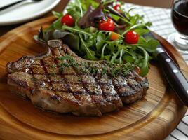 ai gegenereerd steak en salade Aan een dining tafel foto