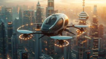 ai gegenereerd een futuristische bemand robo-passagier dar stijgt door de lucht bovenstaand een modern stad foto