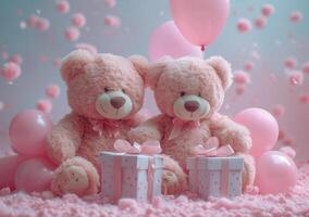 ai gegenereerd teddy bears en ballonnen Aan een roze achtergrond voor baby meisje foto