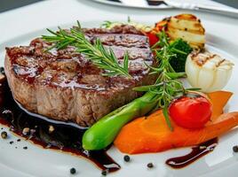 ai gegenereerd een steak in een bord met groenten, bestek, en saus foto