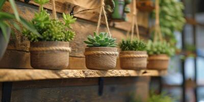 ai gegenereerd houten houten potten met cactussen hangende Aan houten richel foto
