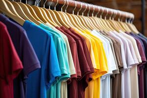 ai gegenereerd rek met kleurrijk duidelijk t-shirts hangen Aan kleren hanger in kast foto