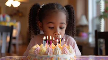 ai gegenereerd een jong meisje slagen uit de kaarsen Aan haar verjaardag taart foto