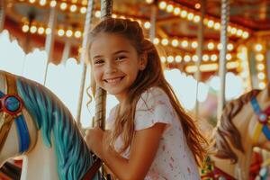 ai gegenereerd weinig meisje uitdrukken opwinding Aan kleurrijk carrousel, vrolijk Gaan ronde, hebben pret Bij amusement park foto