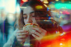ai gegenereerd jong vrouw aan het eten Mexicaans burrito foto