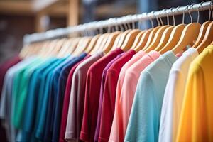 ai gegenereerd rek met kleurrijk duidelijk t-shirts hangen Aan kleren hanger in kast foto