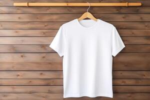 ai gegenereerd rek met blanco wit duidelijk t-shirts kleren hanger, mockup foto