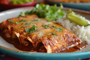 ai gegenereerd Mexicaans kip enmolada's de encacahuatado, of mol poblano enchilada's, mol neger, pipiaan foto