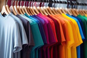 ai gegenereerd rek met kleurrijk duidelijk t-shirts hangen Aan kleren hanger in kast foto