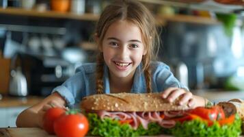 ai gegenereerd een 12 jaar oud meisje bereidt zich voor een groot ham belegd broodje foto
