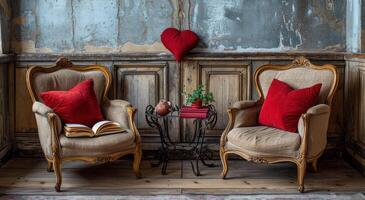 ai gegenereerd twee stoelen met een Open boek Aan hen en een rood hart hoofdkussen foto