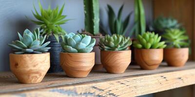 ai gegenereerd de klein houten planten zijn Aan een houten plank foto