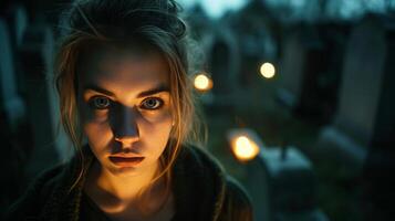 ai gegenereerd vrouw met een heel sterk bang gezicht in een oud dorp begraafplaats Bij nacht foto