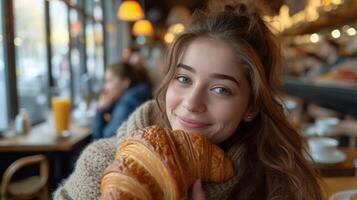 ai gegenereerd jong mooi meisje aan het eten een groot croissant in een Parijse cafe foto