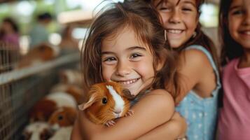 ai gegenereerd een meisje met haar ouders in een pen met Guinea varkens Bij de dierentuin foto