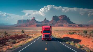 ai gegenereerd een groot rood eenzaam vrachtauto schijven langs de weg door de eindeloos Amerikaans woestijn foto
