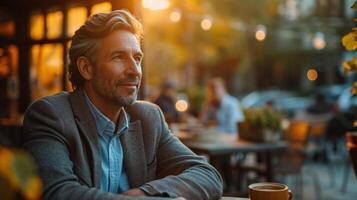 ai gegenereerd elegant Mens bespreken ideeën over- koffie, samenvoegen stijl met buitenshuis samenwerking foto