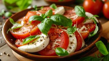 ai gegenereerd salade van gesneden tomaten, Mozzarella en basilicum bladeren foto