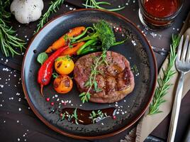 ai gegenereerd een steak in een bord met groenten, bestek, en saus foto