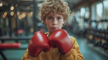 ai gegenereerd jongen proberen Aan groot boksen handschoenen in de Sportschool foto