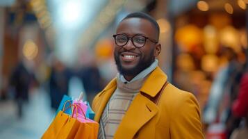 ai gegenereerd een bedrijf Mens geneugten in boodschappen doen voor cadeaus Bij de winkelcentrum foto