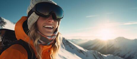 ai gegenereerd meisje in winter snowboarden kleren ritten Aan de helling met een glimlach foto