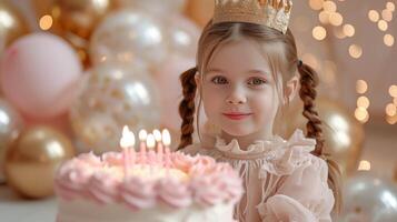 ai gegenereerd meisje in prinses kroon met twee vlechten zit in de buurt een groot roze taart met 5 kaarsen foto