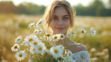 ai gegenereerd een jong mooi vrouw staat in een veld- met een groot boeket van madeliefjes in haar handen foto