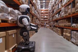 ai gegenereerd een robot hulp een magazijn arbeider in doeltreffend voorraad beheer, stroomlijnen logistiek foto