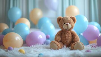 ai gegenereerd beer met verjaardag ballonnen foto