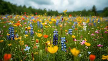 ai gegenereerd een weide deken in kleurrijk wilde bloemen, vieren de aankomst van de lente. foto