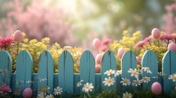 ai gegenereerd een sereen tuin tafereel met een pastel geschilderd houten schutting, perfect voor een Pasen ei jacht foto