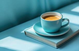 ai gegenereerd een kop van koffie Aan een blauw boek foto