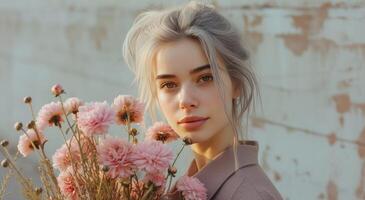 ai gegenereerd een jong vrouw met grijs haar- houdt een boeket van roze bloemen foto